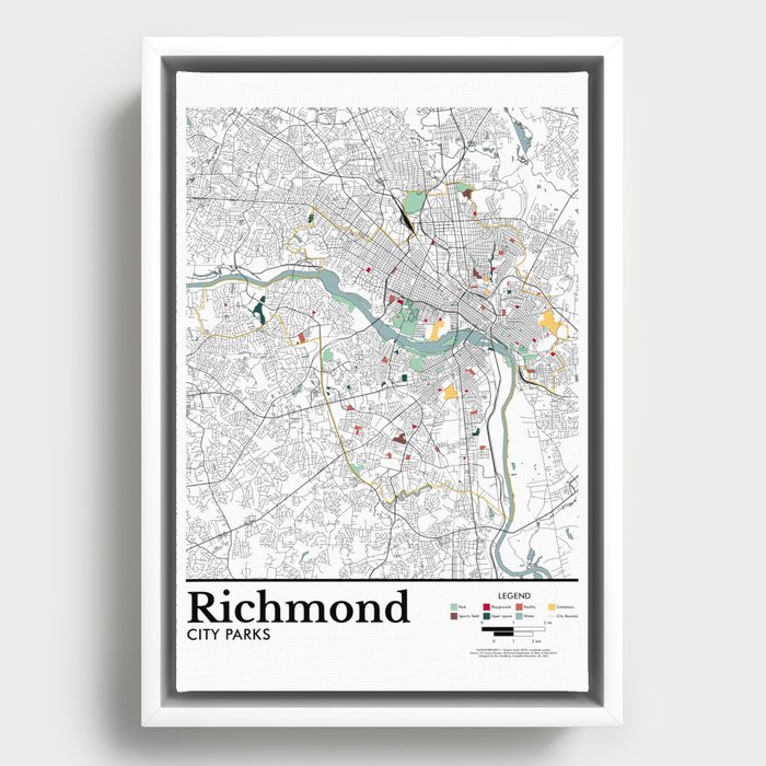 City Parks of Richmond, Virginia Map Framed Canvas