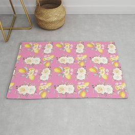 Lemons and White Flowers Pattern On Pink Background Area & Throw Rug