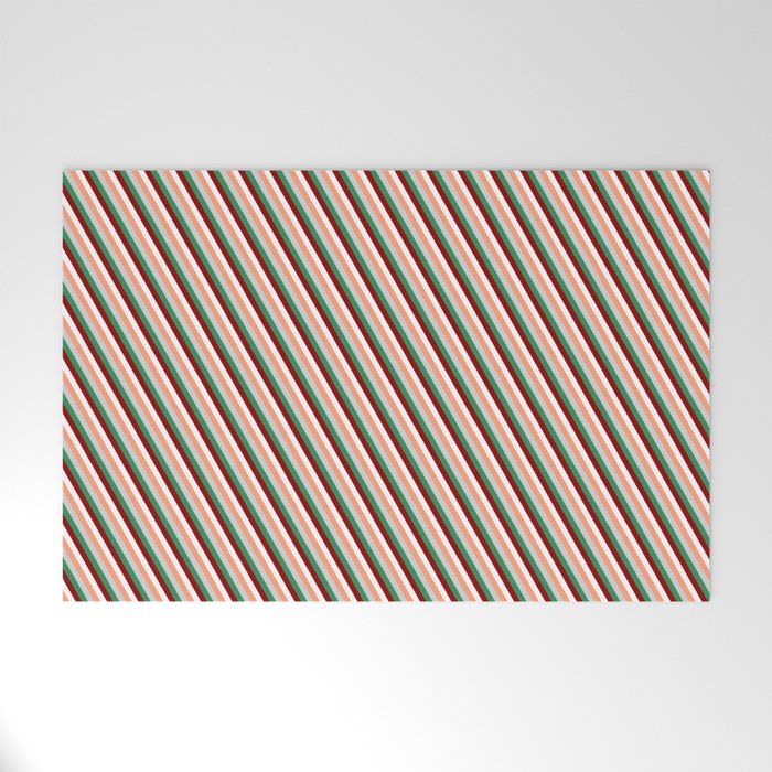Vibrant Light Salmon, Light Grey, Sea Green, Dark Red, and White Colored Stripes Pattern Welcome Mat