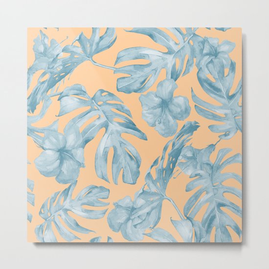 Island Sunrise Hibiscus Palm Orange Ocean Blue Metal Print