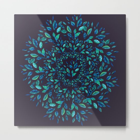 Blue Leaves Mandala Metal Print