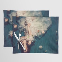 Dreamland and flowers in lily pond; female in white gown floating magical realism fantasy female portrait color photograph / photography Placemat