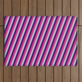 [ Thumbnail: Deep Pink, Grey, and Midnight Blue Colored Lines Pattern Outdoor Rug ]