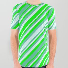 [ Thumbnail: Lime, Aquamarine, and Light Cyan Colored Lines Pattern All Over Graphic Tee ]