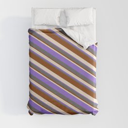 [ Thumbnail: Beige, Purple, Dim Grey, and Brown Colored Striped/Lined Pattern Duvet Cover ]
