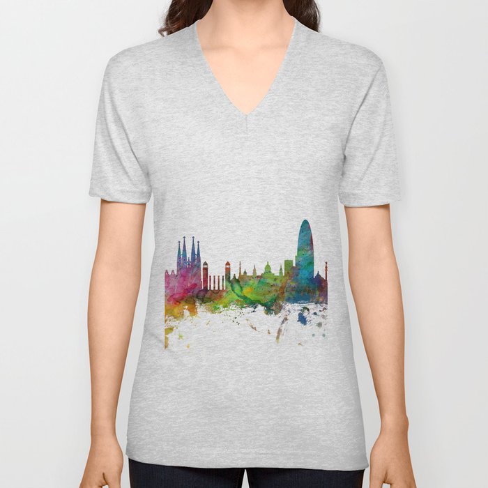 Barcelona Spain Skyline V Neck T Shirt