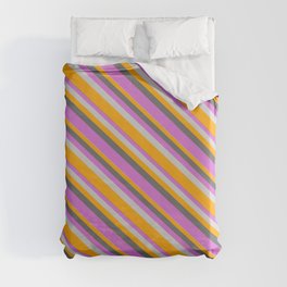 [ Thumbnail: Dim Gray, Orchid, Light Gray & Orange Colored Lined Pattern Duvet Cover ]