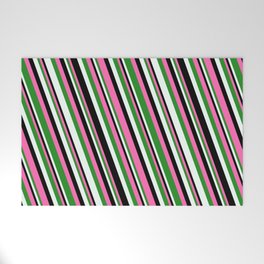 [ Thumbnail: Hot Pink, Forest Green, Mint Cream & Black Colored Stripes Pattern Welcome Mat ]