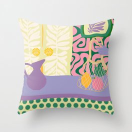 Matisse Style Kitchen | Whimsical Digital Wall Art | Grocery Bag with Fruit | Pastel Pink and Purple Throw Pillow