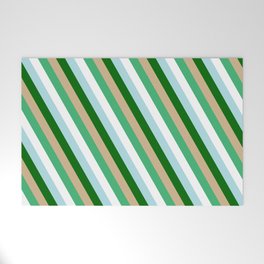 [ Thumbnail: Eye-catching Tan, Sea Green, White, Powder Blue, and Dark Green Colored Pattern of Stripes Welcome Mat ]