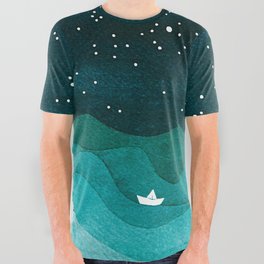 Starry Ocean, teal sailboat watercolor sea waves night All Over Graphic Tee