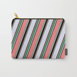 [ Thumbnail: Light Coral, Sea Green, Lavender & Black Colored Lined Pattern Carry-All Pouch ]