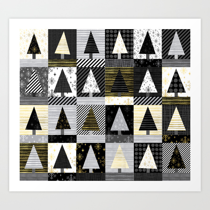 Christmas Tree Forest Quilt Pattern Cute Black White Gold Holiday Gifts Art Print By Charlottewinter Society6