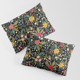 Amazing floral pattern with bright colorful flowers, plants, branches and berries on a black backgro Pillow Sham