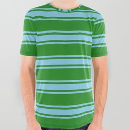 [ Thumbnail: Forest Green and Sky Blue Colored Lined/Striped Pattern All Over Graphic Tee ]