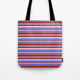 [ Thumbnail: Gray, Red, Beige & Medium Slate Blue Colored Stripes Pattern Tote Bag ]