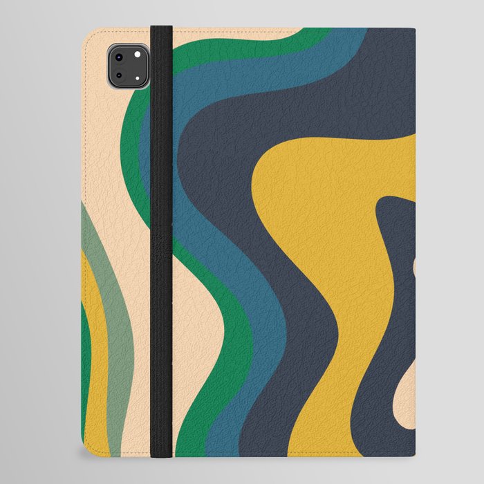 Retro Liquid Swirl Abstract Pattern Mustard Blue Green Beige Orange iPad Folio Case