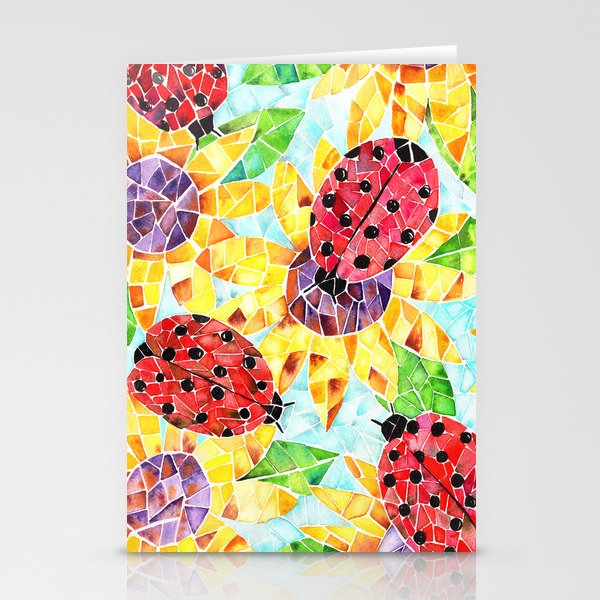 Ladybugs and Sunflowers Mosaic Watercolor Stationery Cards