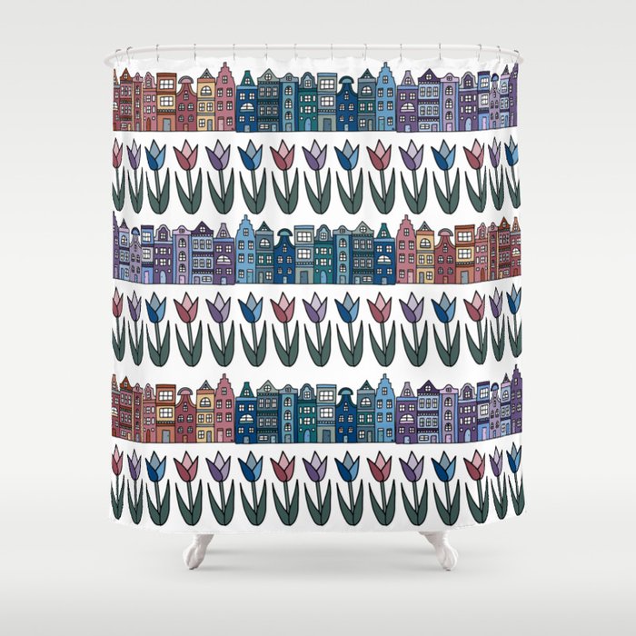 Amsterdam Houses and Tulips Shower Curtain