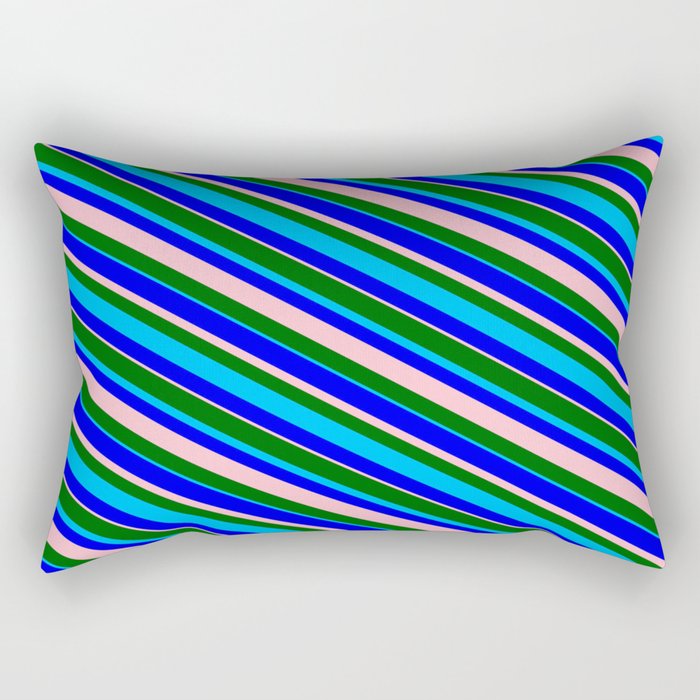 Dark Green, Deep Sky Blue, Blue & Pink Colored Stripes/Lines Pattern Rectangular Pillow