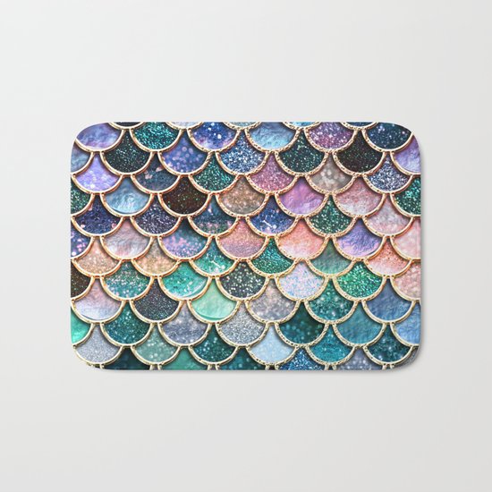 Multicolor pink and aqua mermaid scales - Beautiful abstract glitter pattern Bath Mat