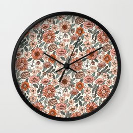 70s flowers - 70s, retro, spring, floral, florals, floral pattern, retro flowers, boho, hippie, earthy, muted Wall Clock