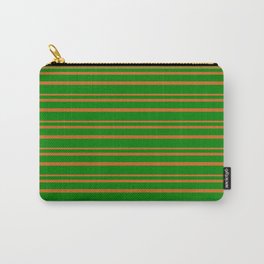 [ Thumbnail: Green & Chocolate Colored Lined/Striped Pattern Carry-All Pouch ]
