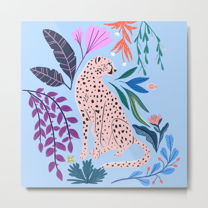 Blush pink Cheetah in jungle florals / jungle cat print /modern art Metal Print