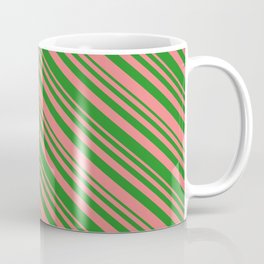[ Thumbnail: Forest Green & Light Coral Colored Pattern of Stripes Coffee Mug ]