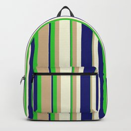 [ Thumbnail: Midnight Blue, Lime Green, Tan & Beige Colored Stripes/Lines Pattern Backpack ]