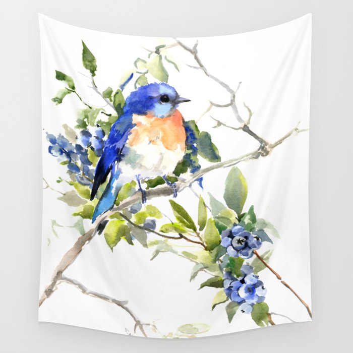 Bluebird and Blueberry Wall Tapestry