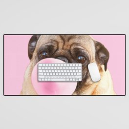 Cute Pug Dog Chewing Pink Bubble Gum Desk Mat