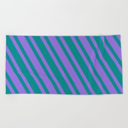 [ Thumbnail: Dark Cyan & Purple Colored Lined/Striped Pattern Beach Towel ]