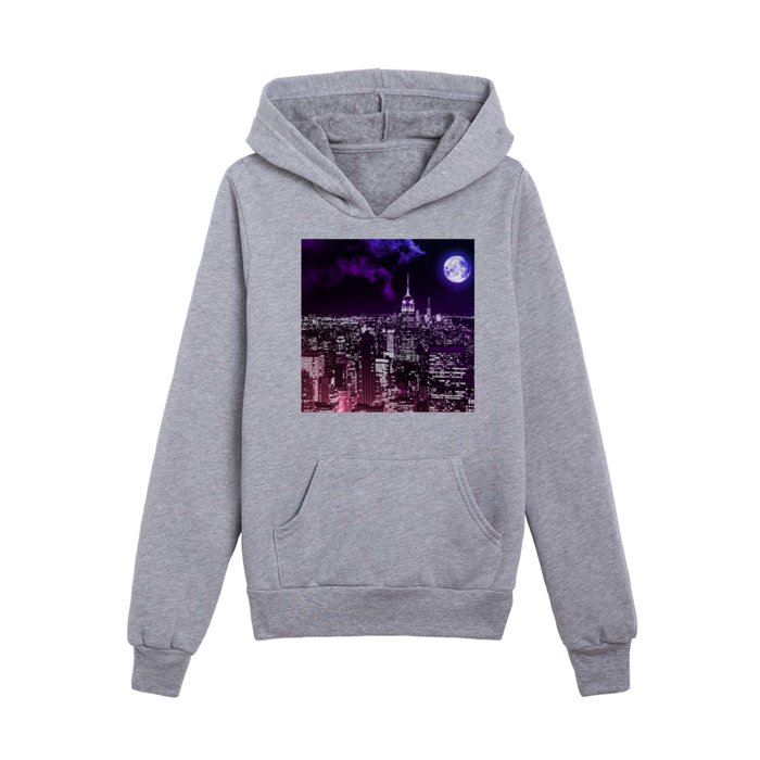 Moon Over New York City Pink Purple Blue Ombre Kids Pullover Hoodie