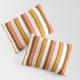[ Thumbnail: Vibrant Brown, Goldenrod, Light Coral, White, and Tan Colored Striped Pattern Pillow Sham ]
