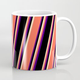 [ Thumbnail: Tan, Red, Indigo, and Black Colored Striped/Lined Pattern Coffee Mug ]