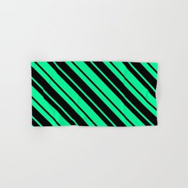 [ Thumbnail: Green and Black Colored Striped Pattern Hand & Bath Towel ]