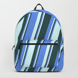 [ Thumbnail: Cornflower Blue, Light Cyan, and Dark Slate Gray Colored Pattern of Stripes Backpack ]