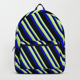 [ Thumbnail: Lavender, Light Green, Blue & Black Colored Pattern of Stripes Backpack ]