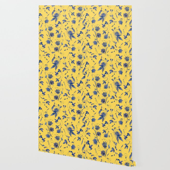 Elegant Blue Pion Flower On Mustard Yellow Wallpaper By Tanjica Elegant Blue Pion Flower On Mustard Yellow Wallpaper