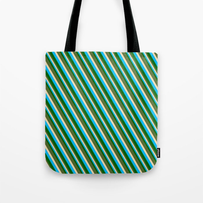 Deep Sky Blue, Dark Green, Dark Olive Green & Tan Colored Pattern of Stripes Tote Bag