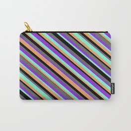 [ Thumbnail: Eye-catching Black, Dim Grey, Purple, Aquamarine & Brown Colored Stripes/Lines Pattern Carry-All Pouch ]
