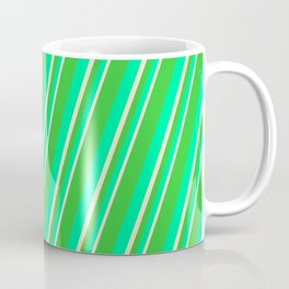[ Thumbnail: Lime Green, Green & Bisque Colored Stripes Pattern Coffee Mug ]