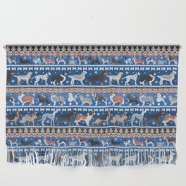 Fluffy and bright fair isle knitting doggie friends // classic and electric blue background brown orange white and grey dog breeds  Wall Hanging