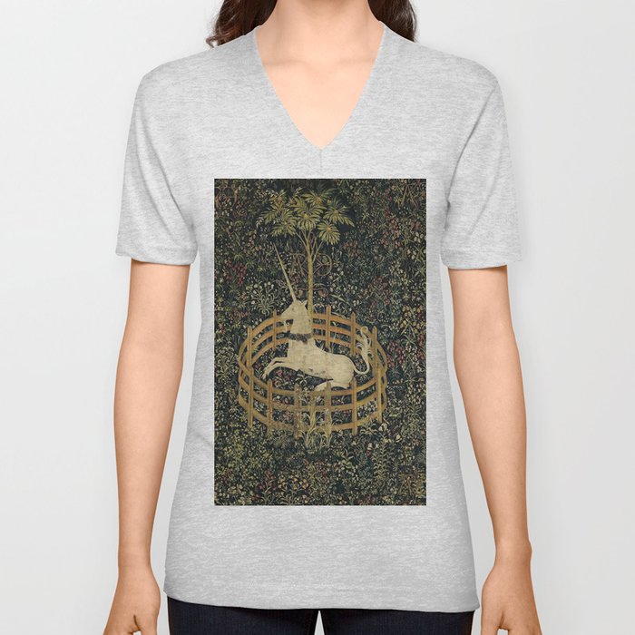 The Unicorn Rests in a Garden (from the Unicorn Tapestries) V Neck T Shirt