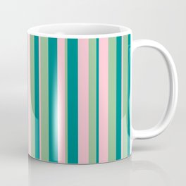 [ Thumbnail: Dark Sea Green, Pink & Teal Colored Lined/Striped Pattern Coffee Mug ]