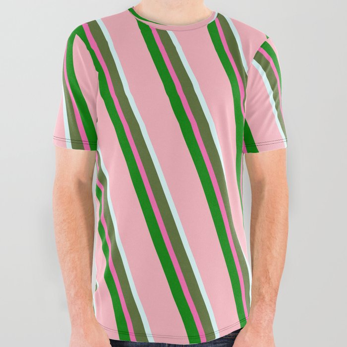 Eyecatching Light Pink, Light Cyan, Dark Olive Green, Hot Pink & Green Colored Striped Pattern All Over Graphic Tee