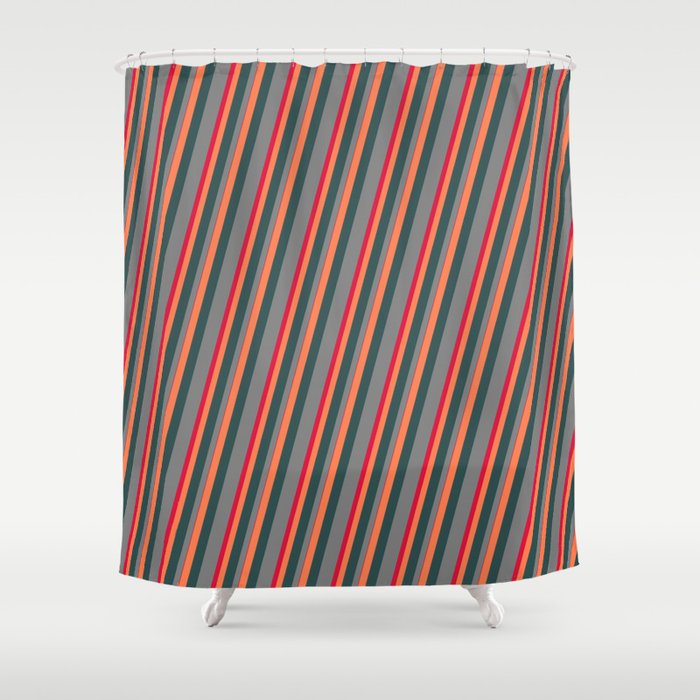 Coral, Dark Slate Gray, Grey, and Crimson Colored Pattern of Stripes Shower Curtain