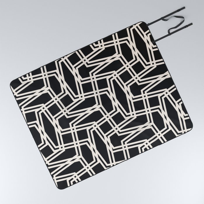 Vintage seamless pattern with diagonal stripes, thin crossing lines, chevron, zigzag, mesh, grid. Simple minimalist black and white texture. Abstract geometric background. Repeat monochrome design Picnic Blanket