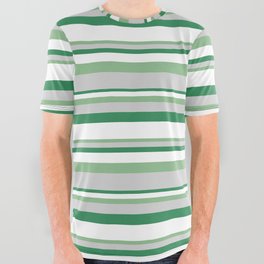 [ Thumbnail: Dark Sea Green, Light Grey, Sea Green & White Colored Lines Pattern All Over Graphic Tee ]